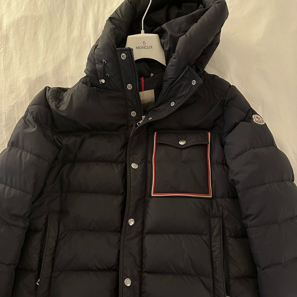 Size 5 navy blue Moncler with red and white piping on chest pocket